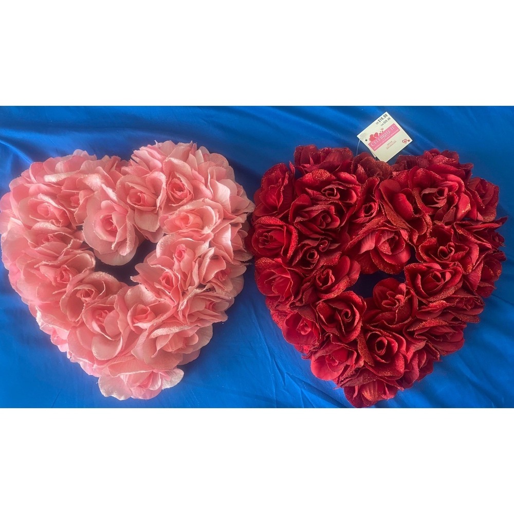 Celebrate It Valentine's Day Rose Heart Shaped Wreaths Red Pink Lot of 2 16"